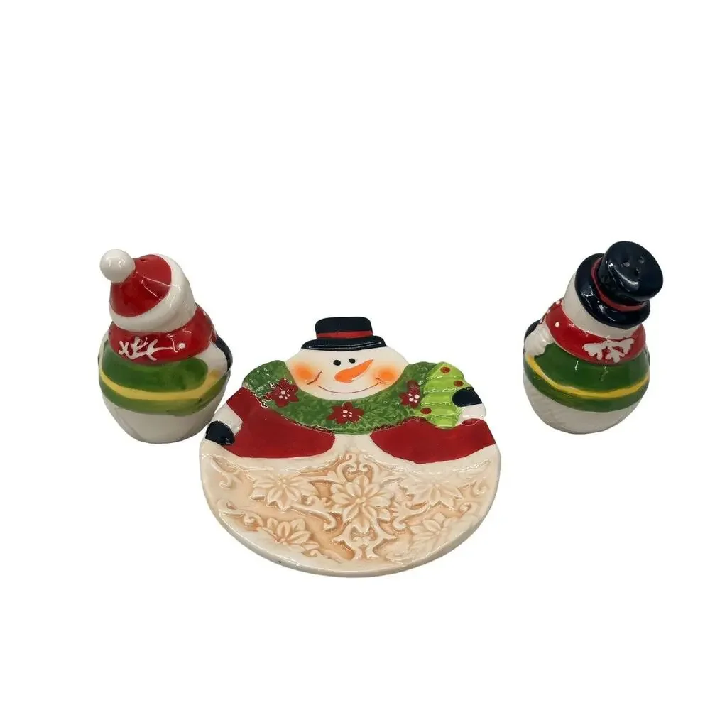 Snowman Salt and Pepper Shaker Set of 3 w/Tray Ceramic Christmas Holiday Decor
